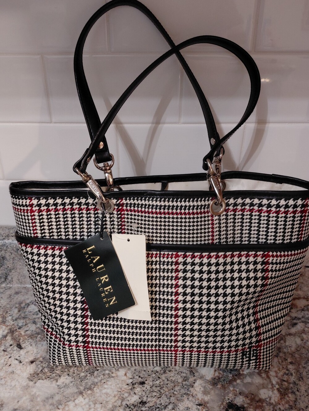 Lauren Ralph Lauren Black & White Houndstooth Small Tote